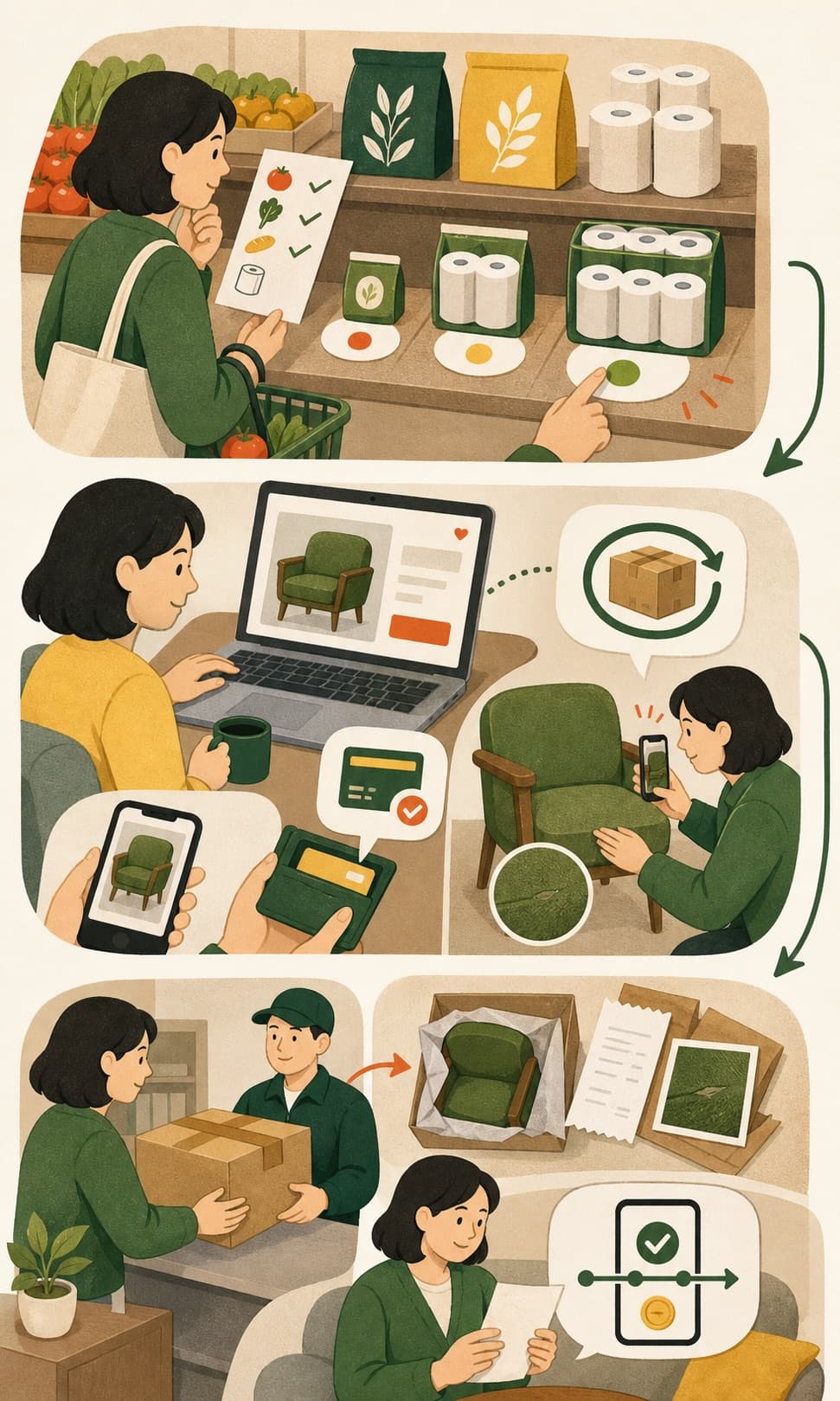 온라인 장바구니를 잠시 멈추고 반품 조건과 중고 물건 상태를 확인하는 그림