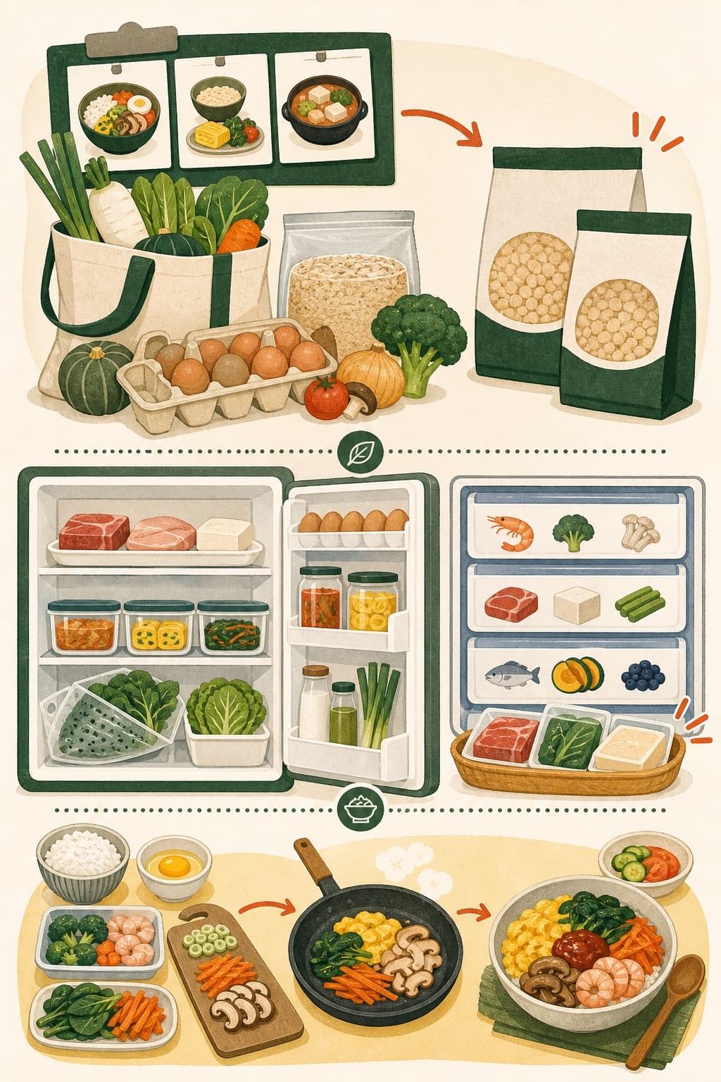 밥, 달걀, 채소와 냉동 재료를 미리 손질해 팬에 조리하고 한 그릇으로 완성하는 그림