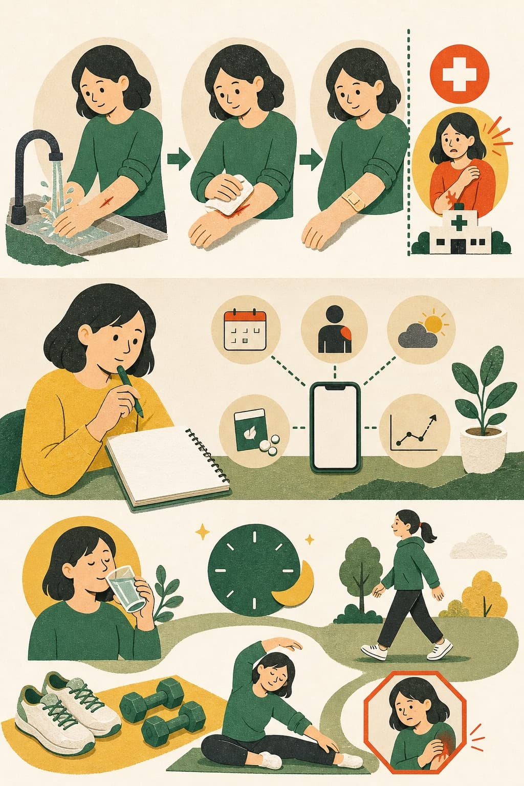 증상이 시작된 때와 부위, 복용 중인 약과 변화를 노트와 휴대전화에 기록하는 그림