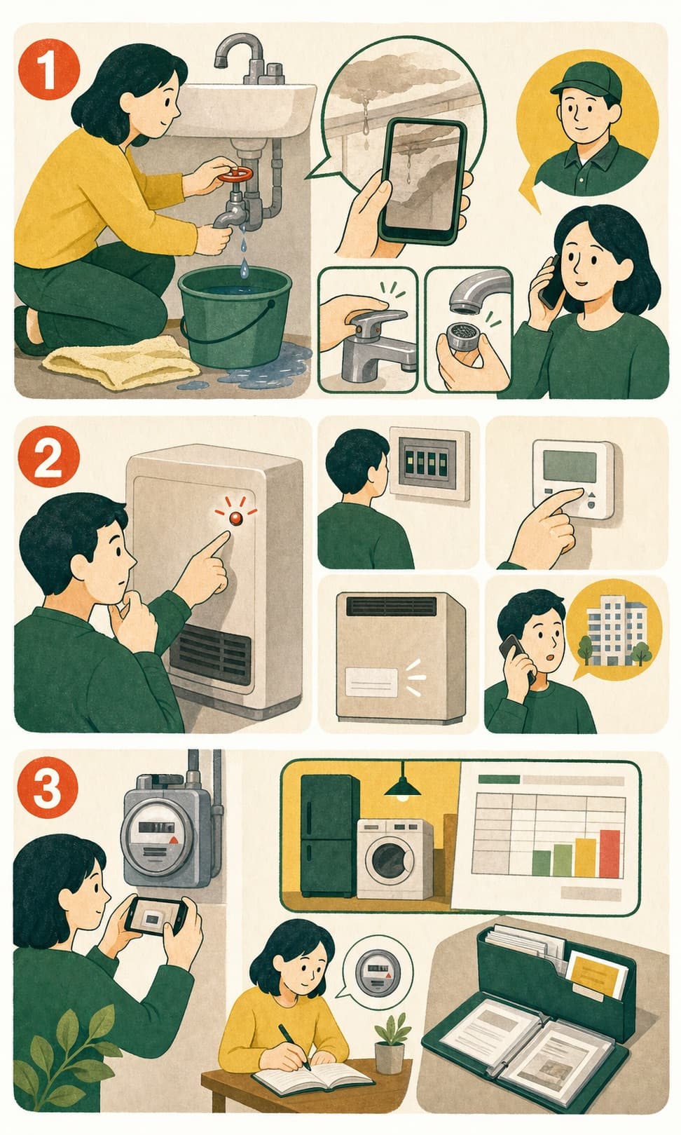 계량기 사진과 가전 사용을 비교하고 보증서와 수리 기록을 한곳에 모으는 그림