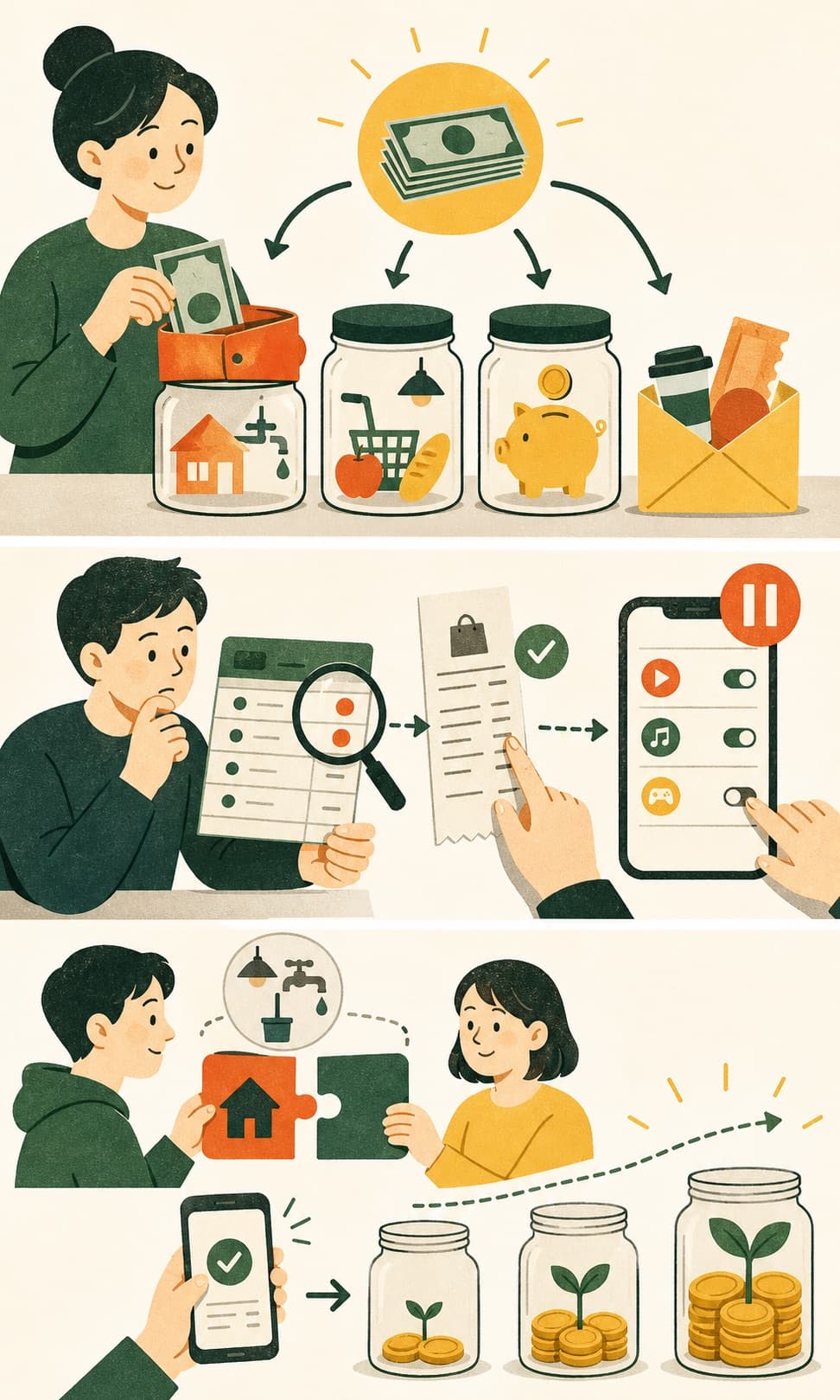 공동 생활비를 나누고 이체 증빙을 남기며 비상금을 조금씩 쌓는 그림