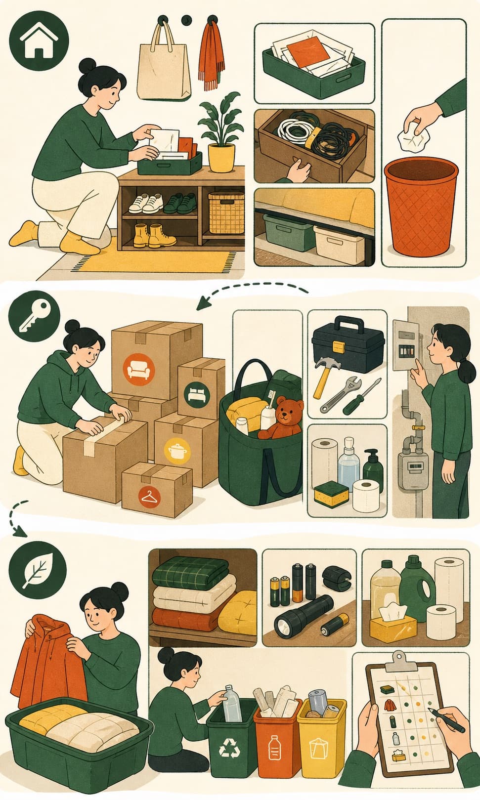 이사 상자를 공간별로 나누고 첫날 가방, 기본 공구와 생활용품을 준비하는 그림