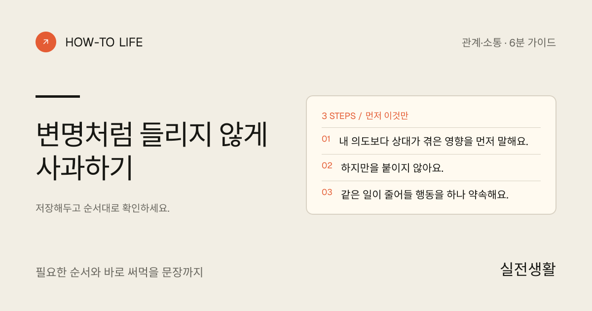 변명처럼 들리지 않게 사과하기 핵심 요약: 내 의도보다 상대가 겪은 영향을 먼저 말해요., 하지만을 붙이지 않아요., 같은 일이 줄어들 행동을 하나 약속해요.