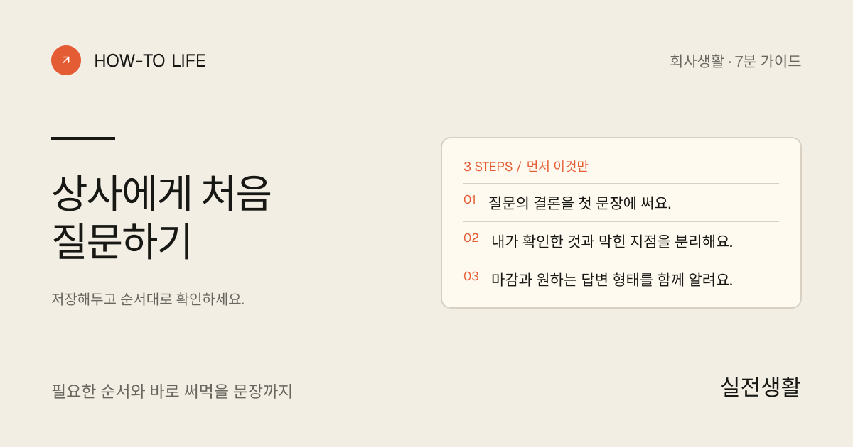 상사에게 처음 질문하기 핵심 요약: 질문의 결론을 첫 문장에 써요., 내가 확인한 것과 막힌 지점을 분리해요., 마감과 원하는 답변 형태를 함께 알려요.