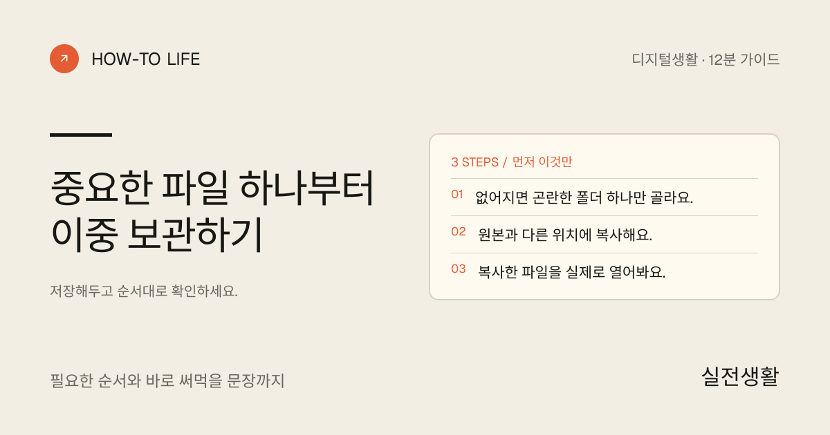 중요한 파일 하나부터 이중 보관하기 핵심 요약: 없어지면 곤란한 폴더 하나만 골라요., 원본과 다른 위치에 복사해요., 복사한 파일을 실제로 열어봐요.