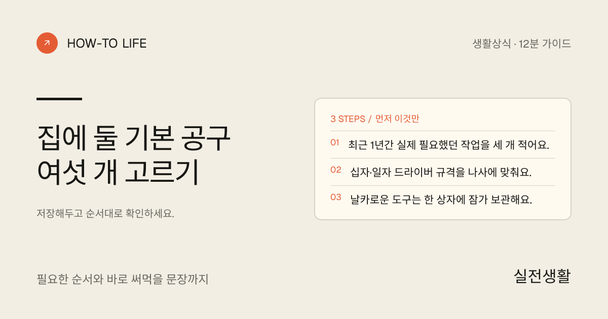 집에 둘 기본 공구 여섯 개 고르기 핵심 요약: 최근 1년간 실제 필요했던 작업을 세 개 적어요., 십자·일자 드라이버 규격을 나사에 맞춰요., 날카로운 도구는 한 상자에 잠가 보관해요.