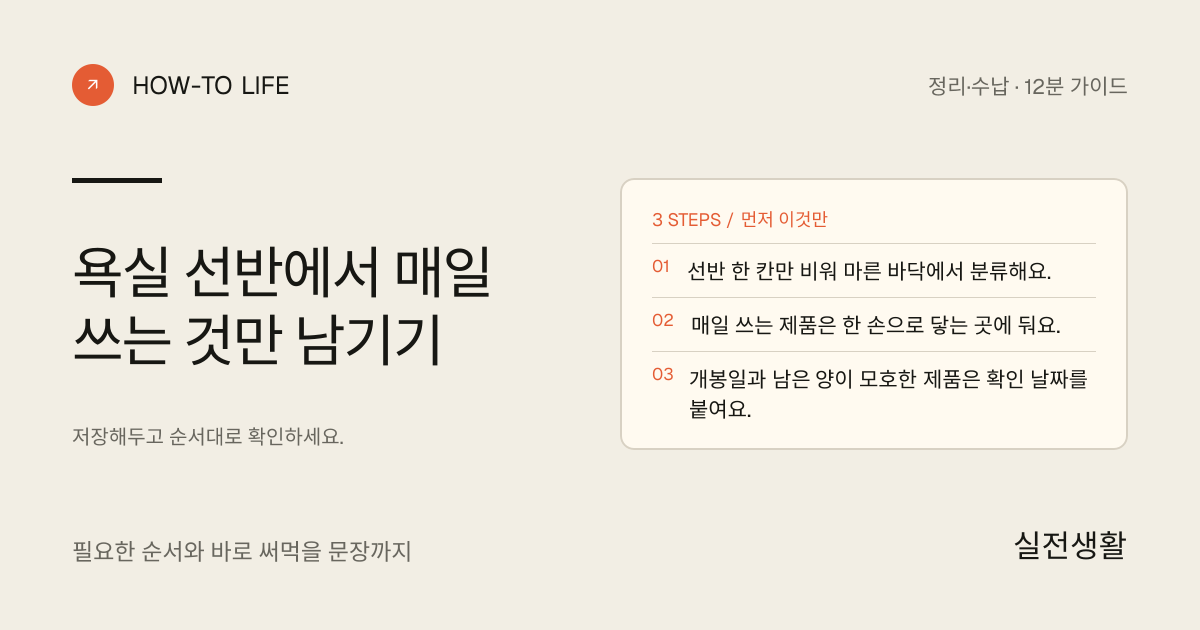 욕실 선반에서 매일 쓰는 것만 남기기 핵심 요약: 선반 한 칸만 비워 마른 바닥에서 분류해요., 매일 쓰는 제품은 한 손으로 닿는 곳에 둬요., 개봉일과 남은 양이 모호한 제품은 확인 날짜를 붙여요.