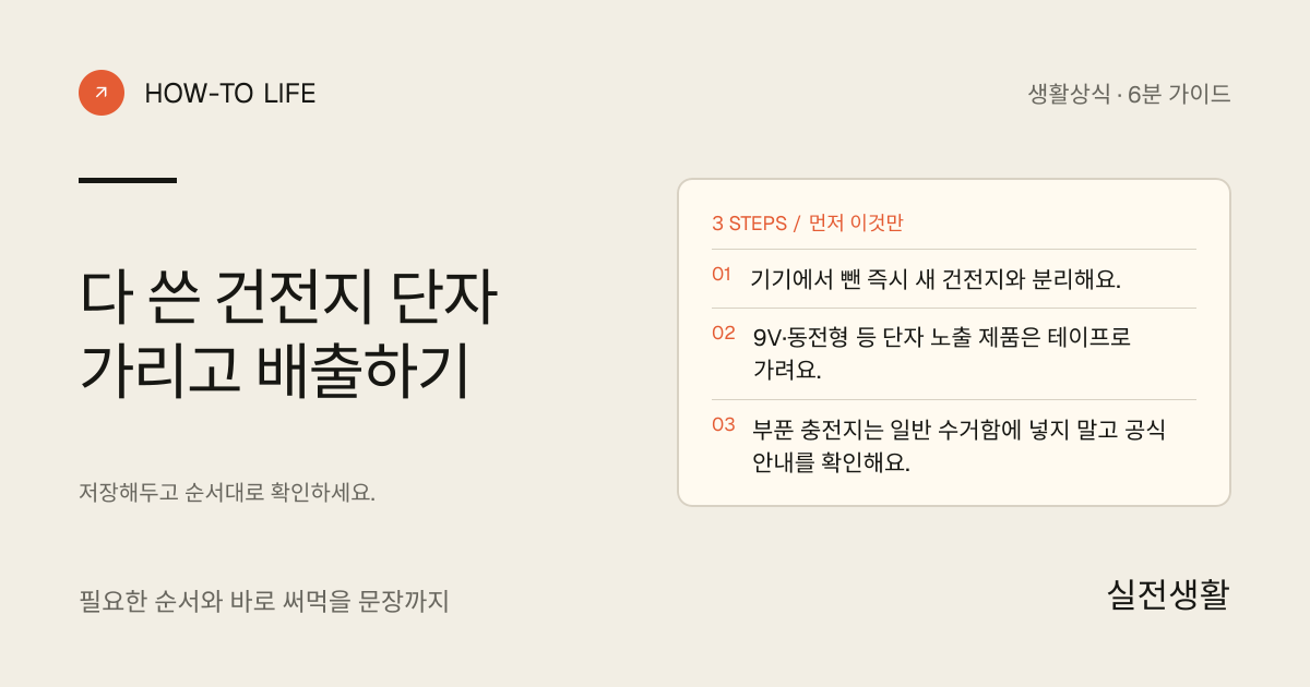 다 쓴 건전지 단자 가리고 배출하기 핵심 요약: 기기에서 뺀 즉시 새 건전지와 분리해요., 9V·동전형 등 단자 노출 제품은 테이프로 가려요., 부푼 충전지는 일반 수거함에 넣지 말고 공식 안내를 확인해요.