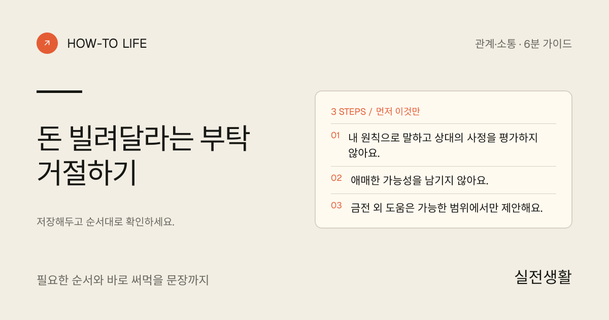 돈 빌려달라는 부탁 거절하기 핵심 요약: 내 원칙으로 말하고 상대의 사정을 평가하지 않아요., 애매한 가능성을 남기지 않아요., 금전 외 도움은 가능한 범위에서만 제안해요.