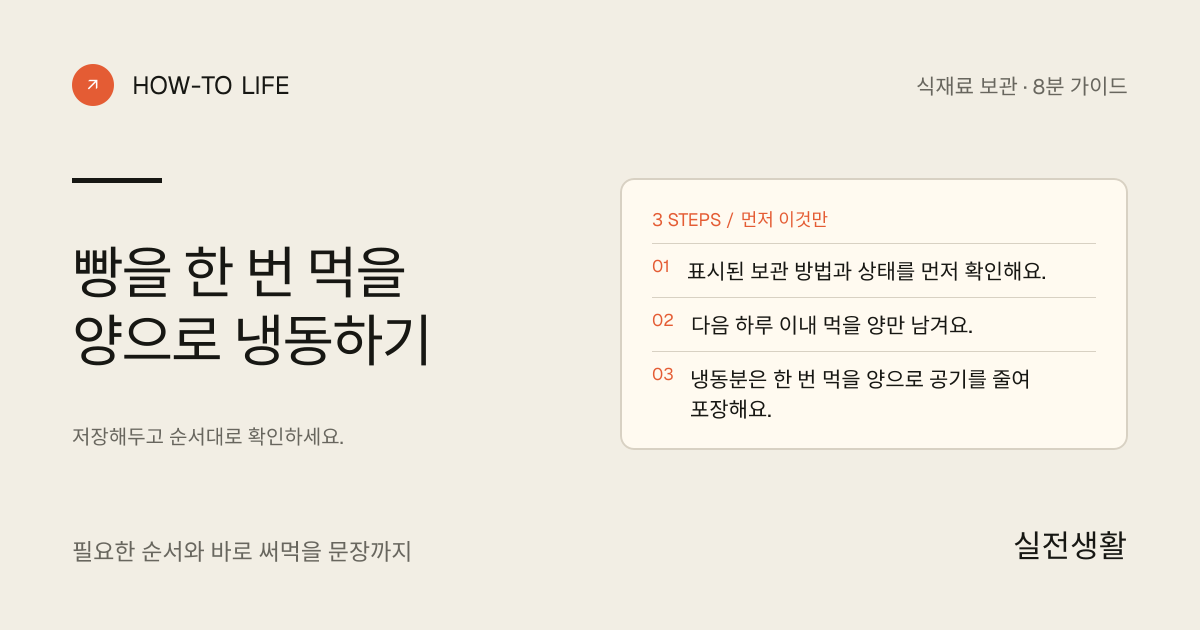 빵을 한 번 먹을 양으로 냉동하기 핵심 요약: 표시된 보관 방법과 상태를 먼저 확인해요., 다음 하루 이내 먹을 양만 남겨요., 냉동분은 한 번 먹을 양으로 공기를 줄여 포장해요.