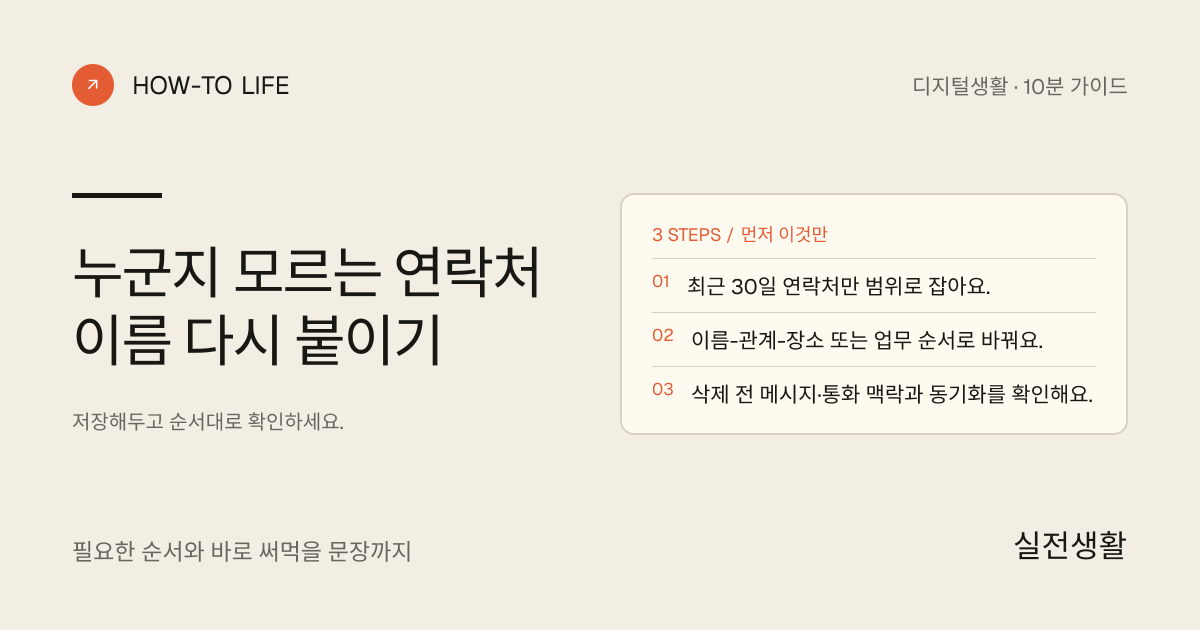 누군지 모르는 연락처 이름 다시 붙이기 핵심 요약: 최근 30일 연락처만 범위로 잡아요., 이름-관계-장소 또는 업무 순서로 바꿔요., 삭제 전 메시지·통화 맥락과 동기화를 확인해요.