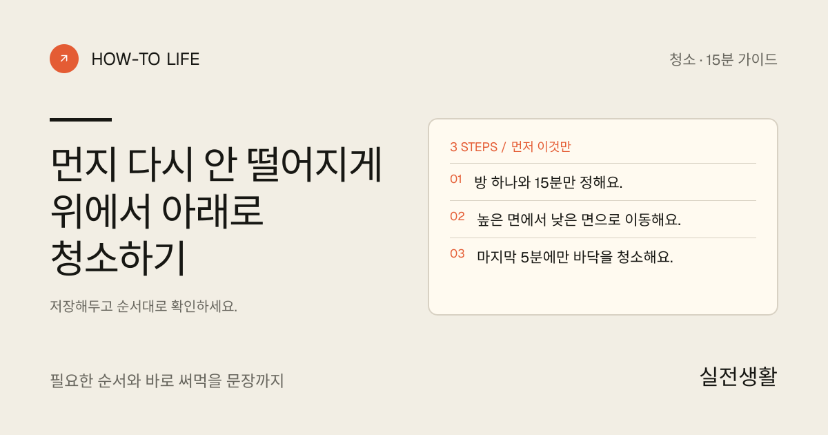 먼지 다시 안 떨어지게 위에서 아래로 청소하기 핵심 요약: 방 하나와 15분만 정해요., 높은 면에서 낮은 면으로 이동해요., 마지막 5분에만 바닥을 청소해요.
