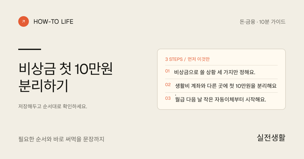 비상금 첫 10만원 분리하기 핵심 요약: 비상금으로 쓸 상황 세 가지만 정해요., 생활비 계좌와 다른 곳에 첫 10만원을 분리해요., 월급 다음 날 작은 자동이체부터 시작해요.