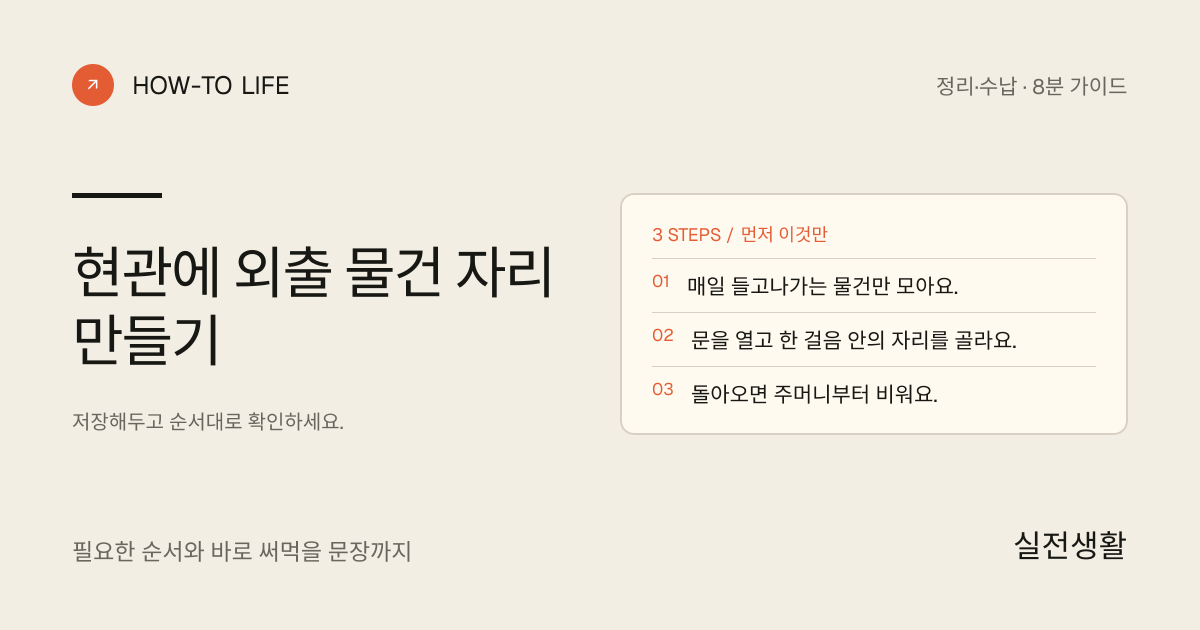 현관에 외출 물건 자리 만들기 핵심 요약: 매일 들고나가는 물건만 모아요., 문을 열고 한 걸음 안의 자리를 골라요., 돌아오면 주머니부터 비워요.