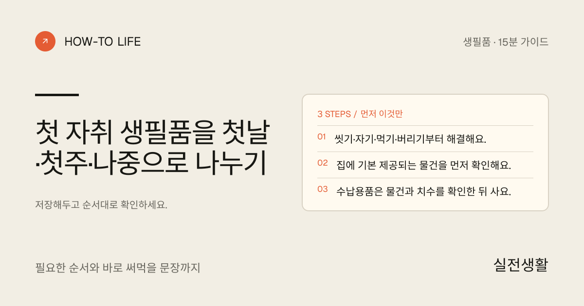 첫 자취 생필품을 첫날·첫주·나중으로 나누기 핵심 요약: 씻기·자기·먹기·버리기부터 해결해요., 집에 기본 제공되는 물건을 먼저 확인해요., 수납용품은 물건과 치수를 확인한 뒤 사요.