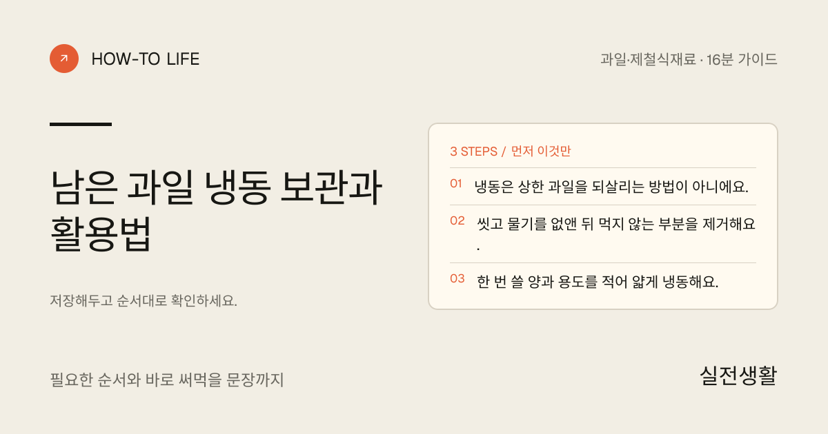 남은 과일은 상하기 전에 용도별로 잘라 냉동하기 핵심 요약: 냉동은 상한 과일을 되살리는 방법이 아니에요., 씻고 물기를 없앤 뒤 먹지 않는 부분을 제거해요., 한 번 쓸 양과 용도를 적어 얇게 냉동해요.
