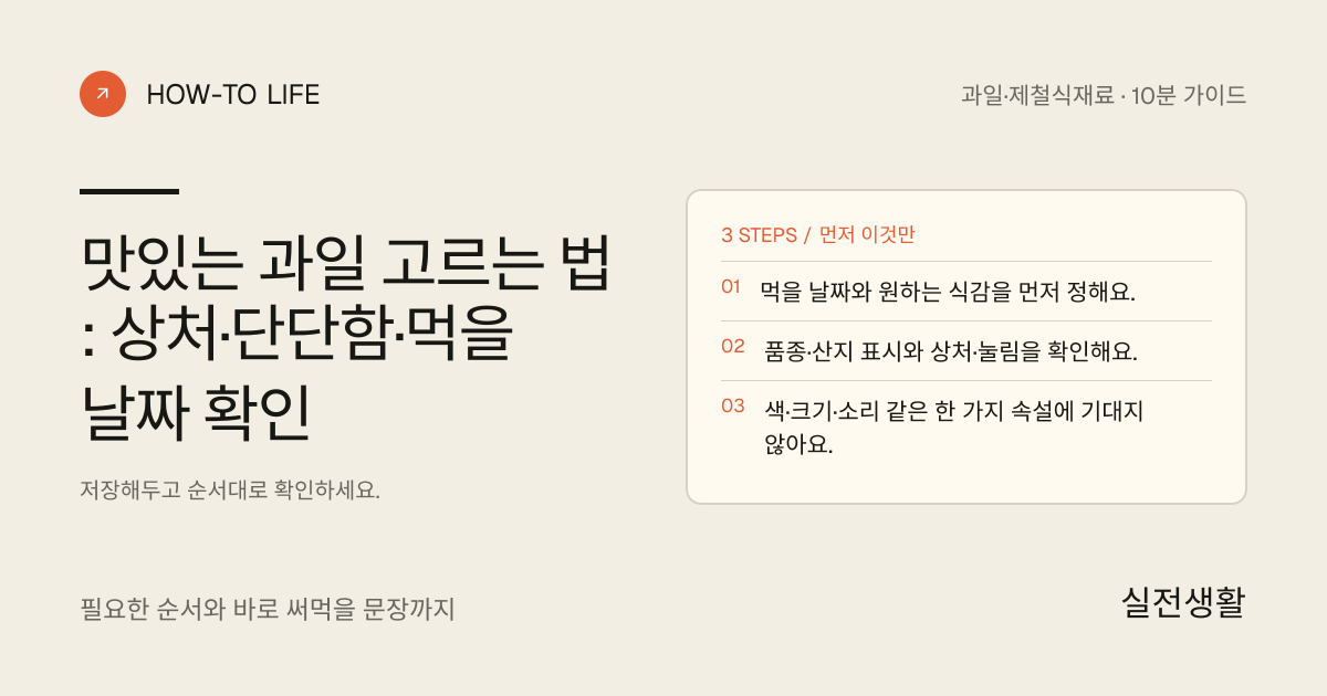 과일 고를 때 색보다 상처·단단함·먹을 날짜부터 보기 핵심 요약: 먹을 날짜와 원하는 식감을 먼저 정해요., 품종·산지 표시와 상처·눌림을 확인해요., 색·크기·소리 같은 한 가지 속설에 기대지 않아요.