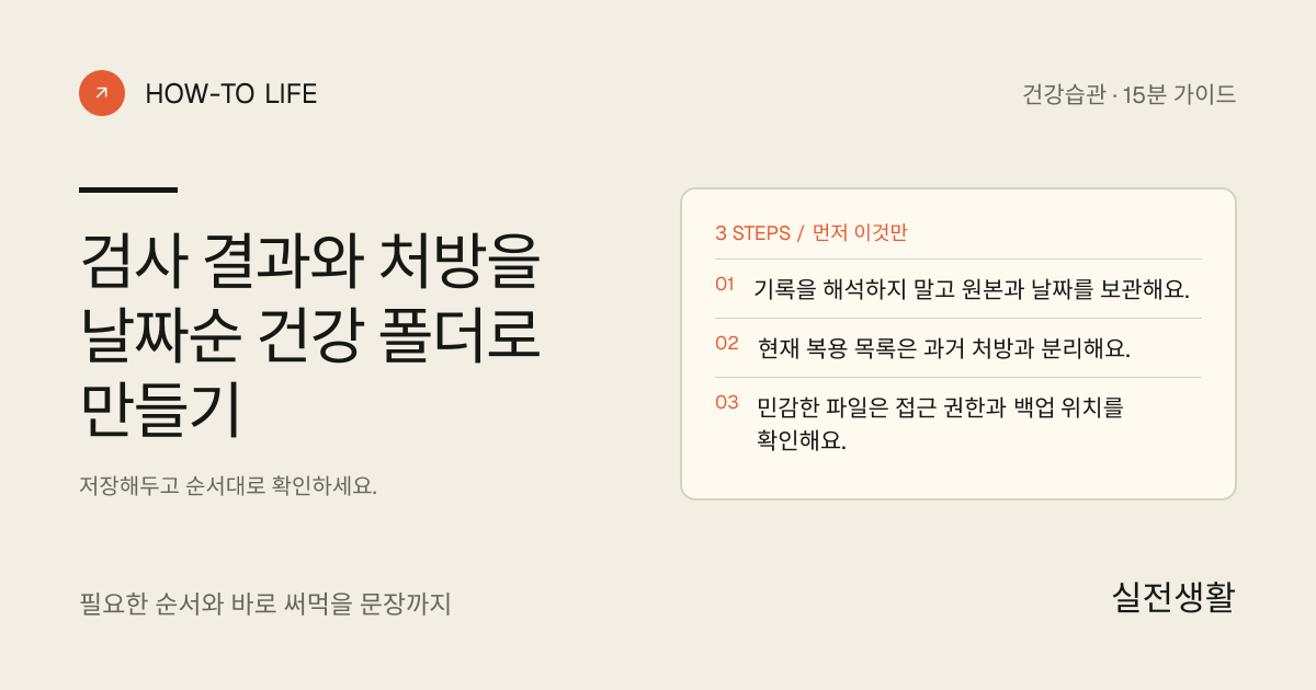 검사 결과와 처방을 날짜순 건강 폴더로 만들기 핵심 요약: 기록을 해석하지 말고 원본과 날짜를 보관해요., 현재 복용 목록은 과거 처방과 분리해요., 민감한 파일은 접근 권한과 백업 위치를 확인해요.
