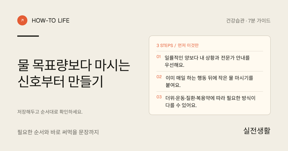 물 목표량보다 마시는 신호부터 만들기 핵심 요약: 일률적인 양보다 내 상황과 전문가 안내를 우선해요., 이미 매일 하는 행동 뒤에 작은 물 마시기를 붙여요., 더위·운동·질환·복용약에 따라 필요한 방식이 다를 수 있어요.