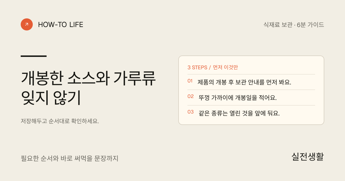 개봉한 소스와 가루류 잊지 않기 핵심 요약: 제품의 개봉 후 보관 안내를 먼저 봐요., 뚜껑 가까이에 개봉일을 적어요., 같은 종류는 열린 것을 앞에 둬요.