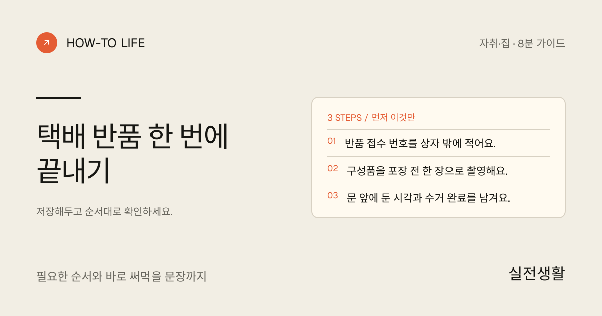 택배 반품 한 번에 끝내기 핵심 요약: 반품 접수 번호를 상자 밖에 적어요., 구성품을 포장 전 한 장으로 촬영해요., 문 앞에 둔 시각과 수거 완료를 남겨요.