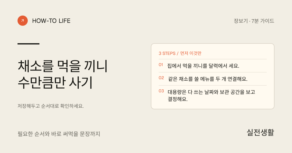 채소를 먹을 끼니 수만큼만 사기 핵심 요약: 집에서 먹을 끼니를 달력에서 세요., 같은 채소를 쓸 메뉴를 두 개 연결해요., 대용량은 다 쓰는 날짜와 보관 공간을 보고 결정해요.
