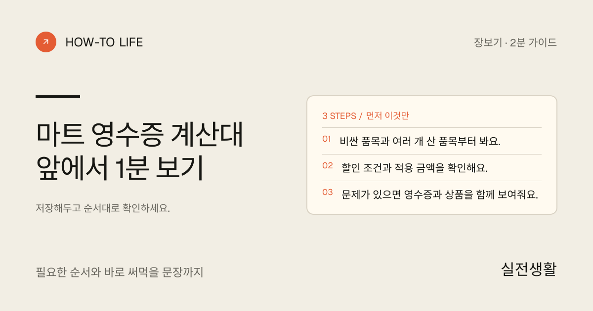마트 영수증 계산대 앞에서 1분 보기 핵심 요약: 비싼 품목과 여러 개 산 품목부터 봐요., 할인 조건과 적용 금액을 확인해요., 문제가 있으면 영수증과 상품을 함께 보여줘요.