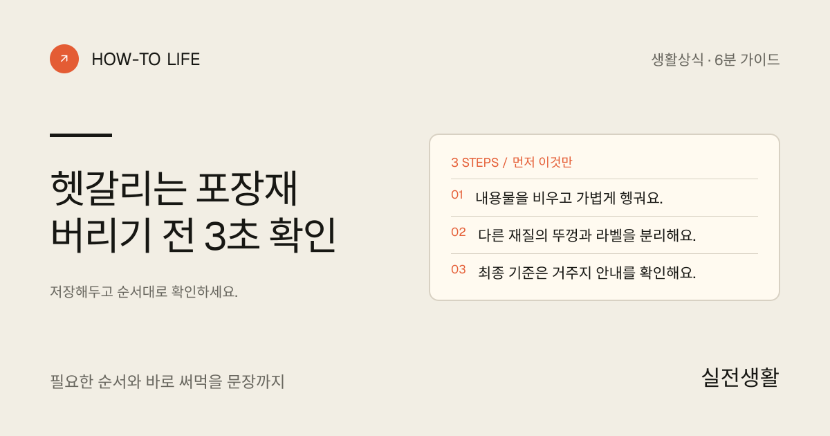 헷갈리는 포장재 버리기 전 3초 확인 핵심 요약: 내용물을 비우고 가볍게 헹궈요., 다른 재질의 뚜껑과 라벨을 분리해요., 최종 기준은 거주지 안내를 확인해요.