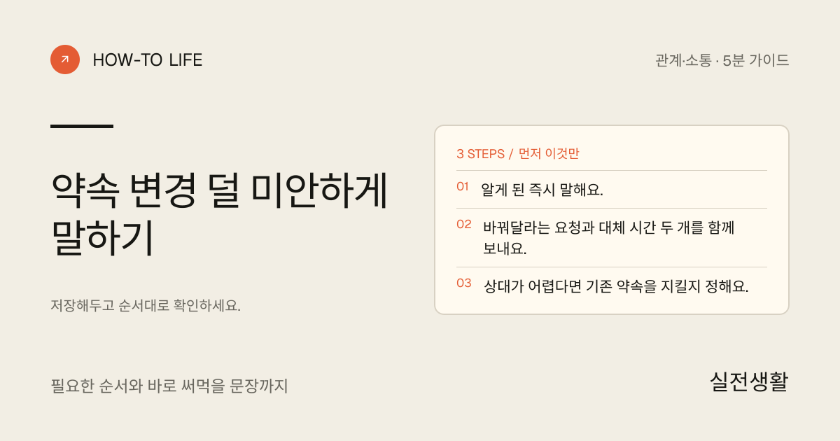 약속 변경 덜 미안하게 말하기 핵심 요약: 알게 된 즉시 말해요., 바꿔달라는 요청과 대체 시간 두 개를 함께 보내요., 상대가 어렵다면 기존 약속을 지킬지 정해요.