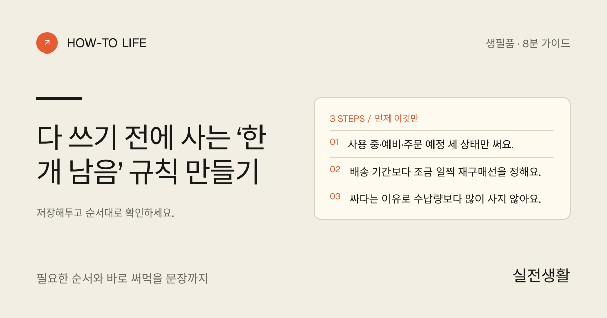 다 쓰기 전에 사는 ‘한 개 남음’ 규칙 만들기 핵심 요약: 사용 중·예비·주문 예정 세 상태만 써요., 배송 기간보다 조금 일찍 재구매선을 정해요., 싸다는 이유로 수납량보다 많이 사지 않아요.