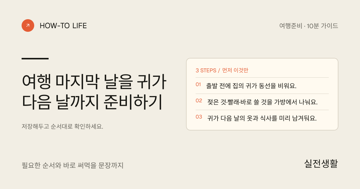 여행 마지막 날을 귀가 다음 날까지 준비하기 핵심 요약: 출발 전에 집의 귀가 동선을 비워요., 젖은 것·빨래·바로 쓸 것을 가방에서 나눠요., 귀가 다음 날의 옷과 식사를 미리 남겨둬요.