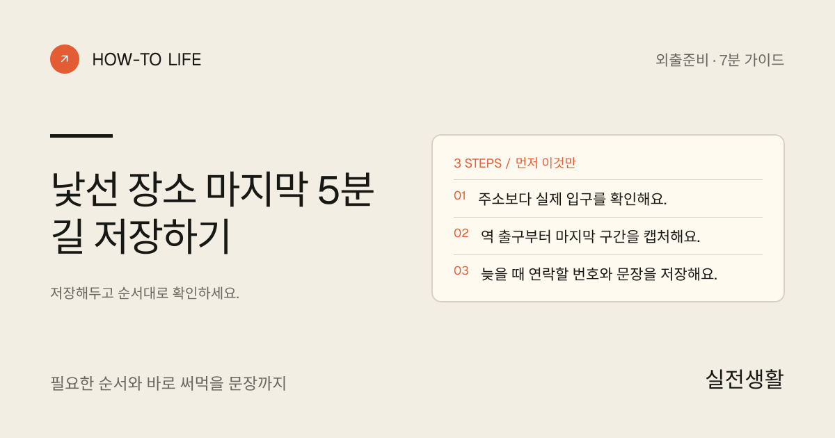 낯선 장소 마지막 5분 길 저장하기 핵심 요약: 주소보다 실제 입구를 확인해요., 역 출구부터 마지막 구간을 캡처해요., 늦을 때 연락할 번호와 문장을 저장해요.