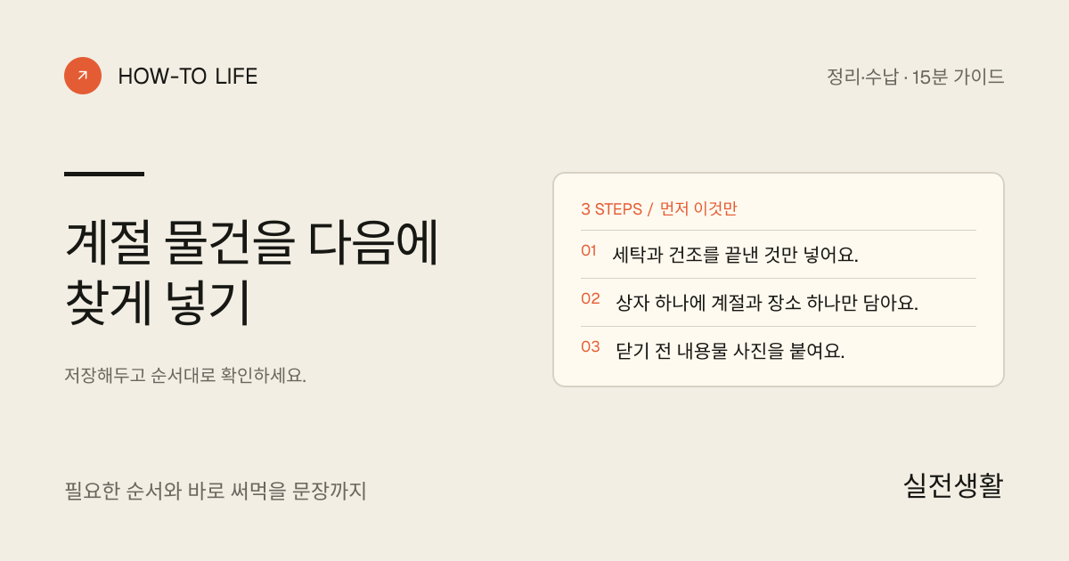 계절 물건을 다음에 찾게 넣기 핵심 요약: 세탁과 건조를 끝낸 것만 넣어요., 상자 하나에 계절과 장소 하나만 담아요., 닫기 전 내용물 사진을 붙여요.
