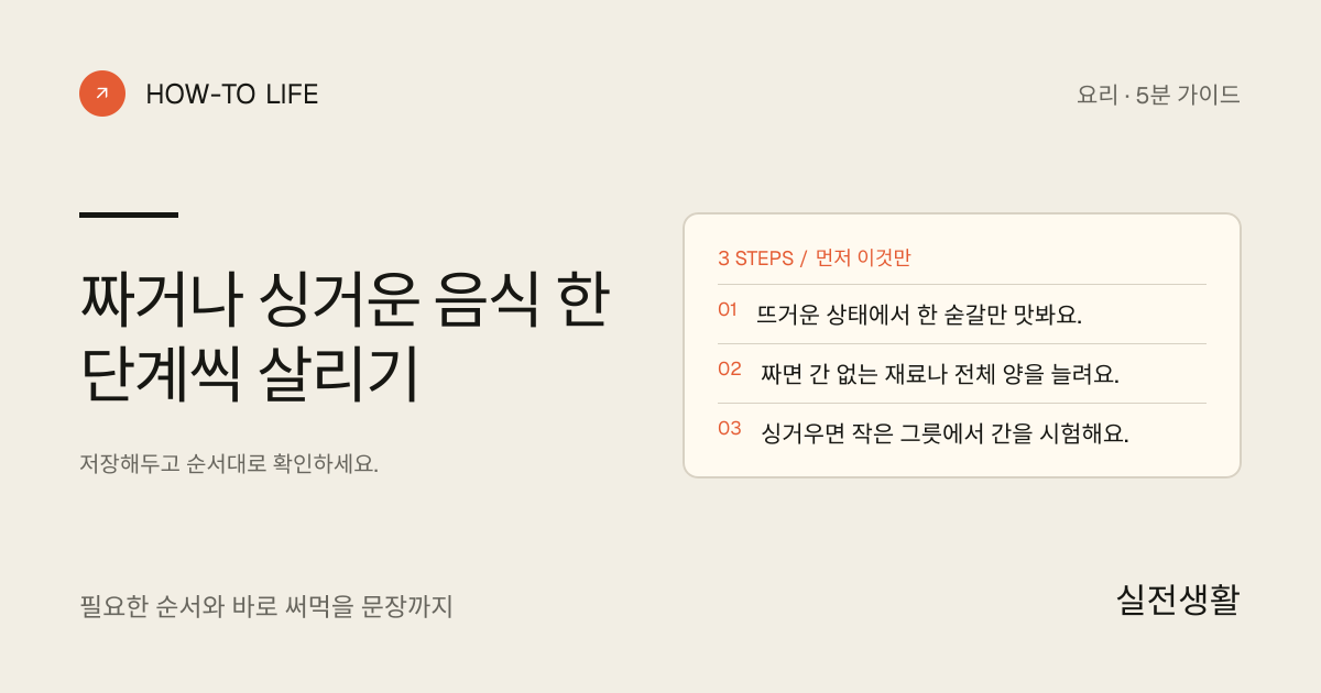 짜거나 싱거운 음식 한 단계씩 살리기 핵심 요약: 뜨거운 상태에서 한 숟갈만 맛봐요., 짜면 간 없는 재료나 전체 양을 늘려요., 싱거우면 작은 그릇에서 간을 시험해요.