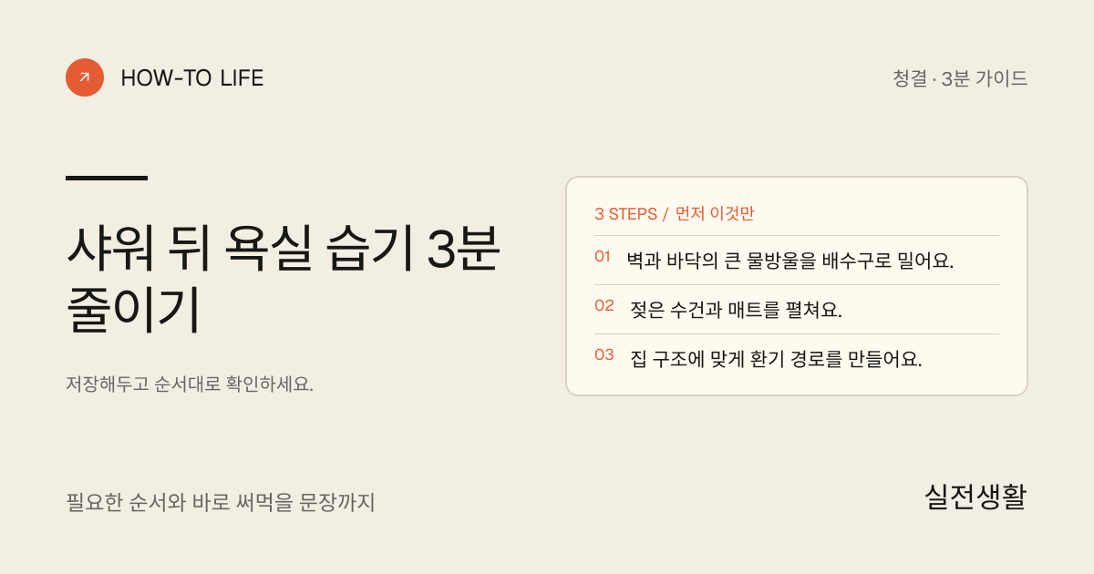 샤워 뒤 욕실 습기 3분 줄이기 핵심 요약: 벽과 바닥의 큰 물방울을 배수구로 밀어요., 젖은 수건과 매트를 펼쳐요., 집 구조에 맞게 환기 경로를 만들어요.