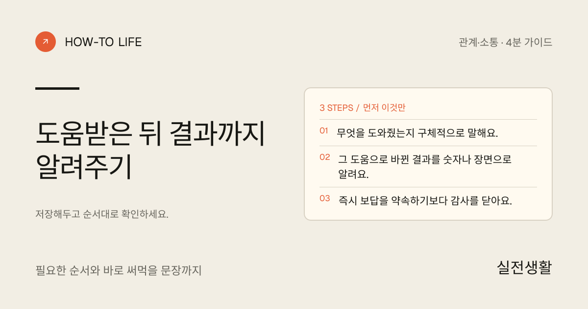 도움받은 뒤 결과까지 알려주기 핵심 요약: 무엇을 도와줬는지 구체적으로 말해요., 그 도움으로 바뀐 결과를 숫자나 장면으로 알려요., 즉시 보답을 약속하기보다 감사를 닫아요.