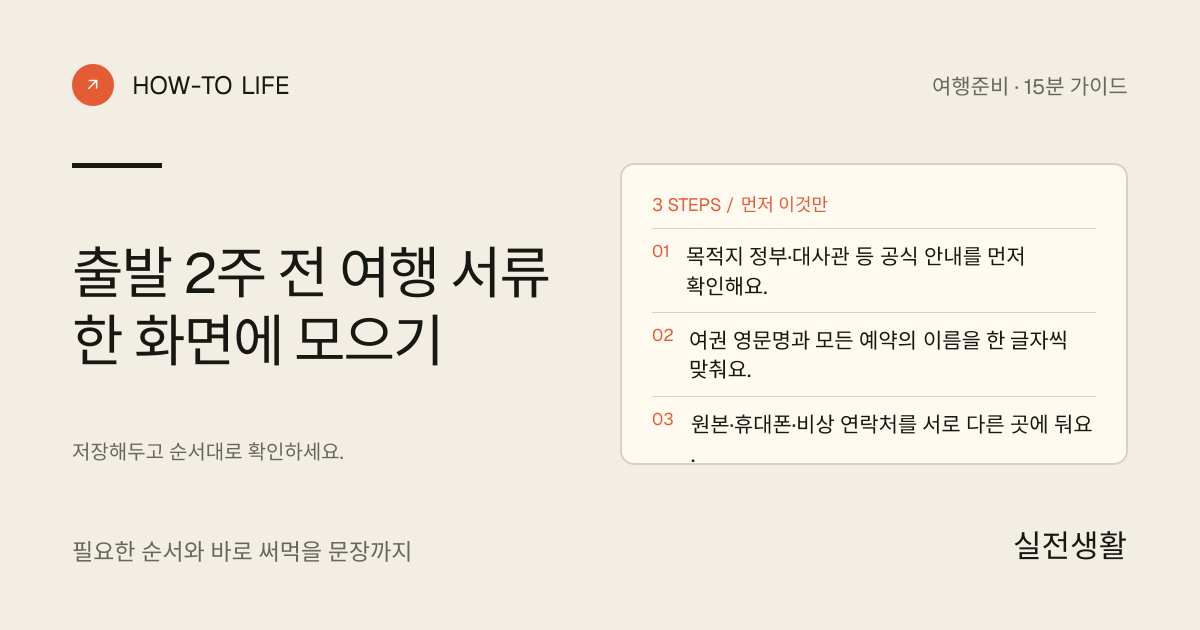 출발 2주 전 여행 서류 한 화면에 모으기 핵심 요약: 목적지 정부·대사관 등 공식 안내를 먼저 확인해요., 여권 영문명과 모든 예약의 이름을 한 글자씩 맞춰요., 원본·휴대폰·비상 연락처를 서로 다른 곳에 둬요.