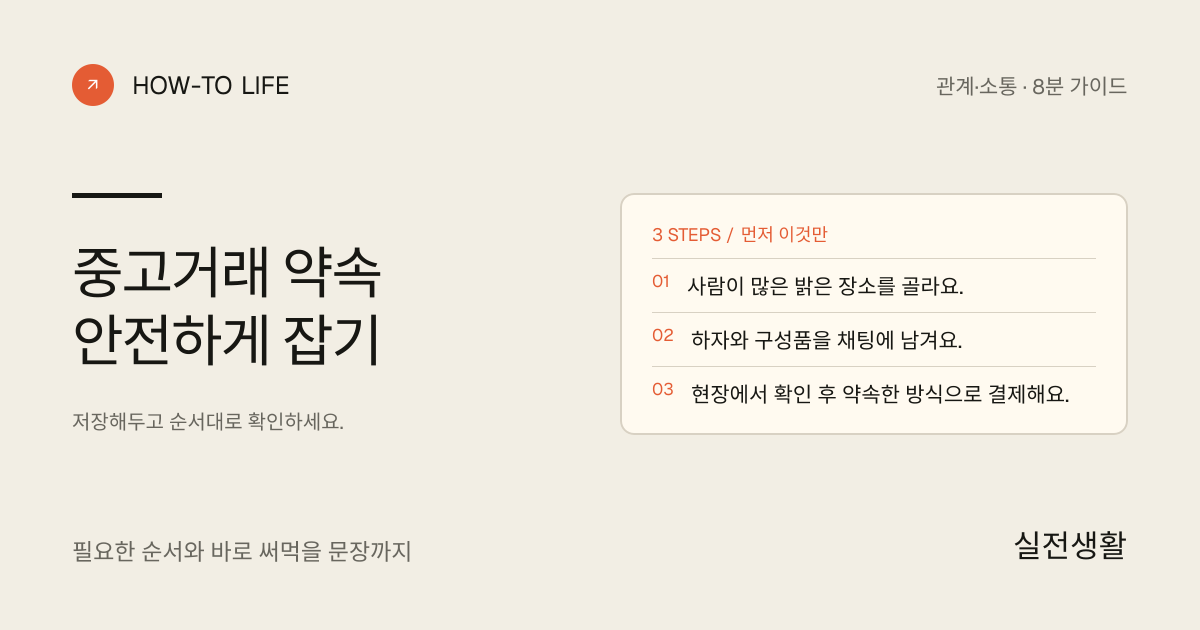 중고거래 약속 안전하게 잡기 핵심 요약: 사람이 많은 밝은 장소를 골라요., 하자와 구성품을 채팅에 남겨요., 현장에서 확인 후 약속한 방식으로 결제해요.