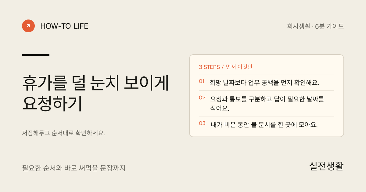 휴가를 덜 눈치 보이게 요청하기 핵심 요약: 희망 날짜보다 업무 공백을 먼저 확인해요., 요청과 통보를 구분하고 답이 필요한 날짜를 적어요., 내가 비운 동안 볼 문서를 한 곳에 모아요.