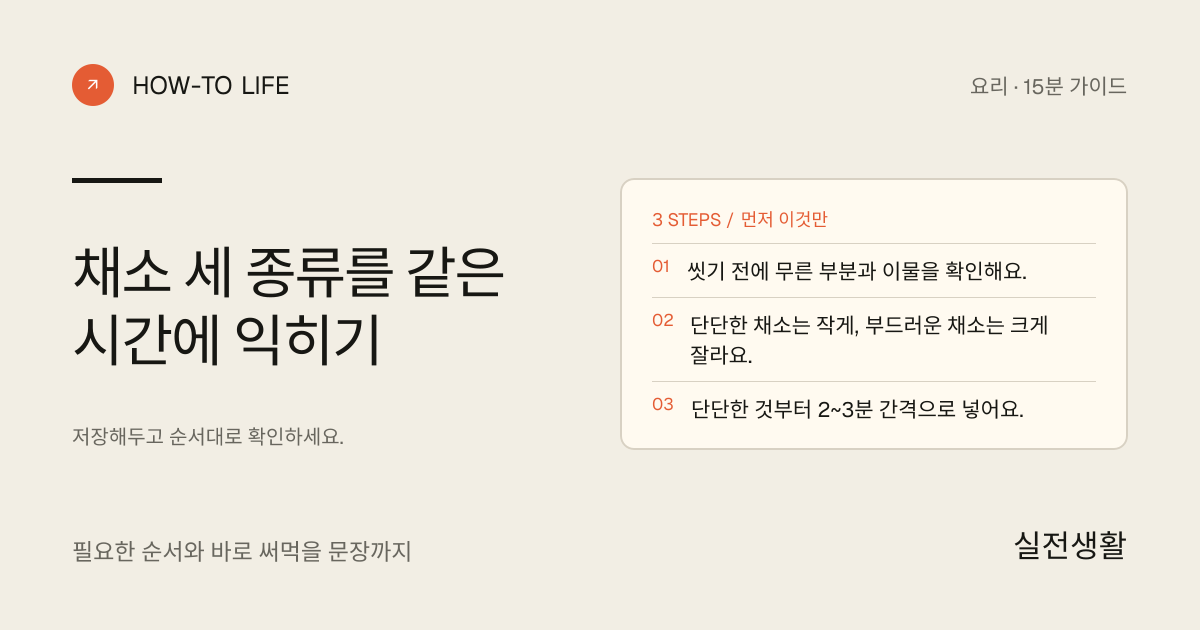 채소 세 종류를 같은 시간에 익히기 핵심 요약: 씻기 전에 무른 부분과 이물을 확인해요., 단단한 채소는 작게, 부드러운 채소는 크게 잘라요., 단단한 것부터 2~3분 간격으로 넣어요.
