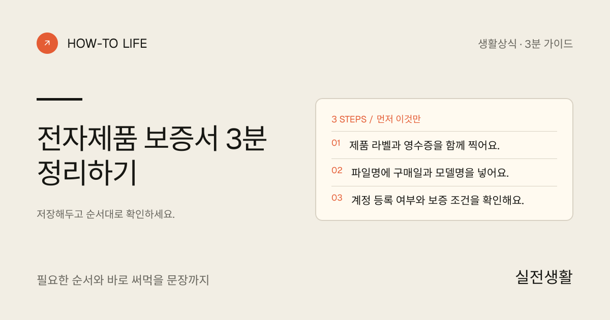 전자제품 보증서 3분 정리하기 핵심 요약: 제품 라벨과 영수증을 함께 찍어요., 파일명에 구매일과 모델명을 넣어요., 계정 등록 여부와 보증 조건을 확인해요.