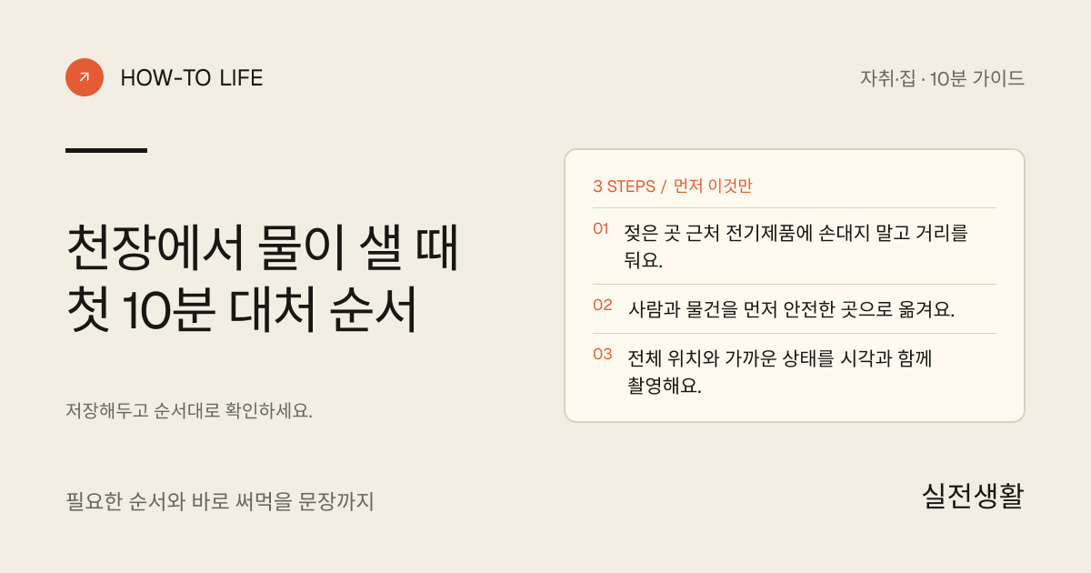 천장에서 물 떨어질 때 첫 10분 핵심 요약: 젖은 곳 근처 전기제품에 손대지 말고 거리를 둬요., 사람과 물건을 먼저 안전한 곳으로 옮겨요., 전체 위치와 가까운 상태를 시각과 함께 촬영해요.