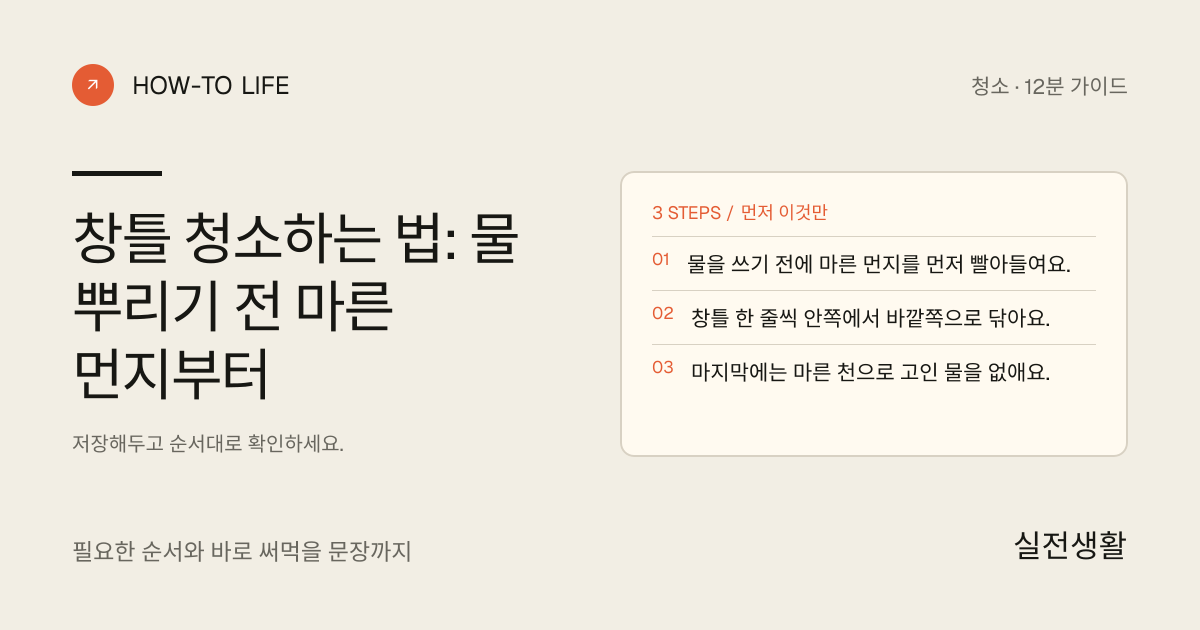 창틀 먼지를 진흙으로 만들지 않고 청소하기 핵심 요약: 물을 쓰기 전에 마른 먼지를 먼저 빨아들여요., 창틀 한 줄씩 안쪽에서 바깥쪽으로 닦아요., 마지막에는 마른 천으로 고인 물을 없애요.